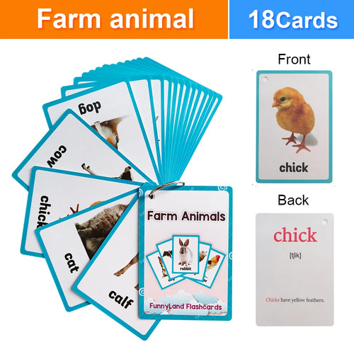 18Pcs Farm Animals Theme Educational Learning Cards Double Side