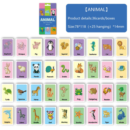 36PCS/Set Animal Shape Color Time Flash Card Kids Montessori Early